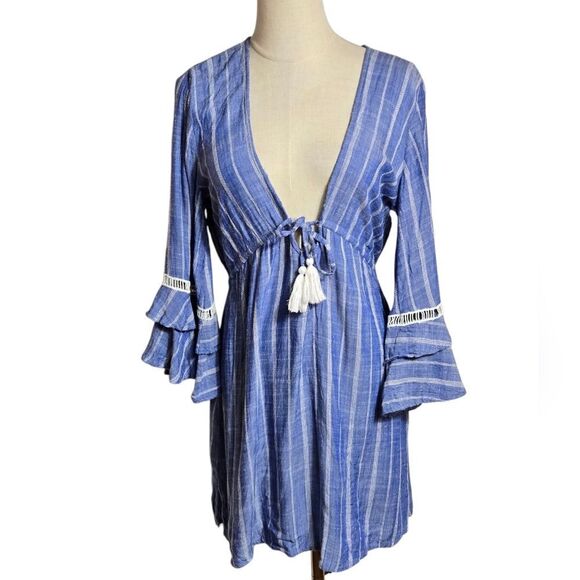Spiaggia Dolce Blue Striped Boho Dress Or Coverup with Tassels - Picture 1 of 7